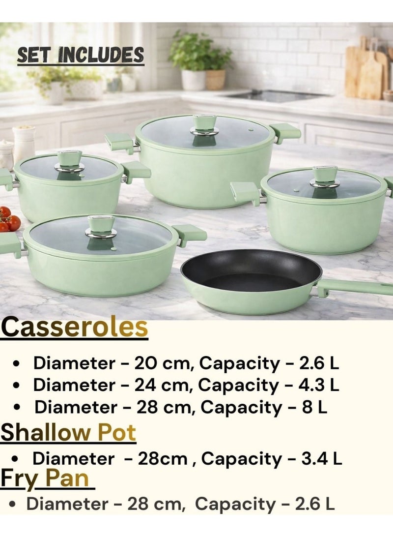 أوزو طقم أواني طهي أوزو بريميوم مكون من 9 قطع، لون المحار، أخضر ناعم، يشم، جرانيتاك، غير لاصق، مع أغطية زجاجية، رقم الموديل 3933، صنع في تركيا - Image 2